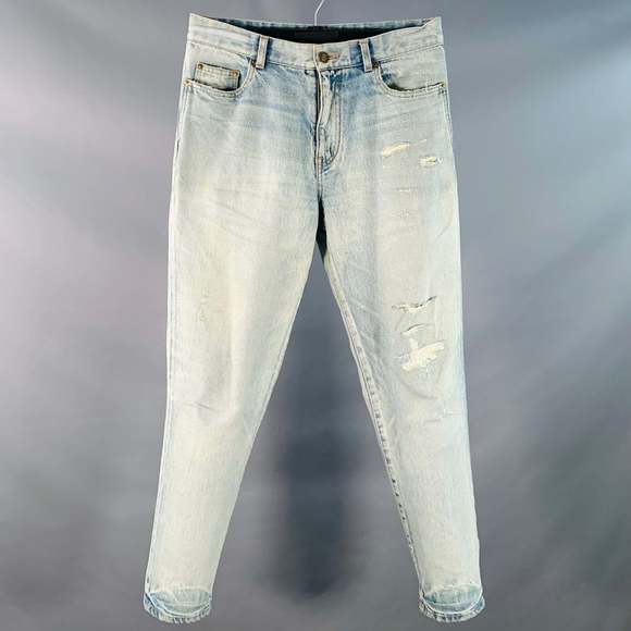 SAINT LAURENT Blue Distressed Cotton Tapered Zip Fly Jeans - Picture 1 of 9